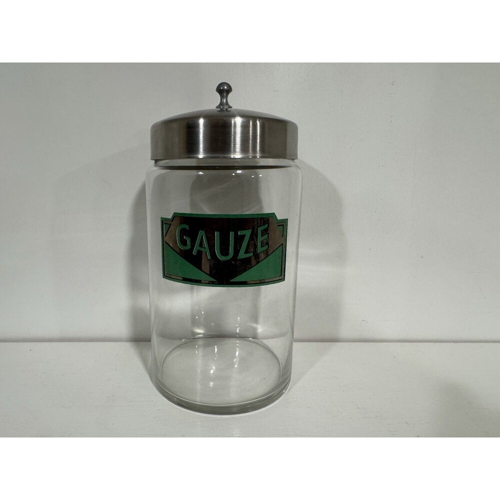 Vintage 1940s Art Deco Gauze Glass Apothecary Jar Stainless Steel Lid Profex USA